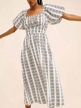 Maeve Puff-Sleeve Square-Neck Smocked Midi Dress Somerset Style, Size XL